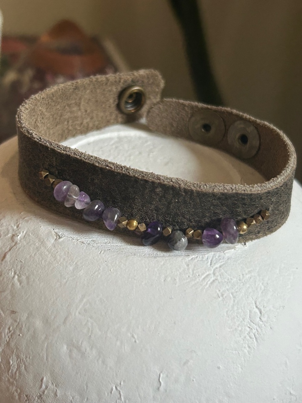Handmade Recycled Grey Leather Bracelet Bronze Beads and Amethyst